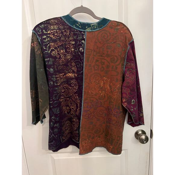 Bread Button Front Cotton Stretch L Asymmetrical 3/4 Sleeve Blouse Top Earthy - Picture 2 of 9